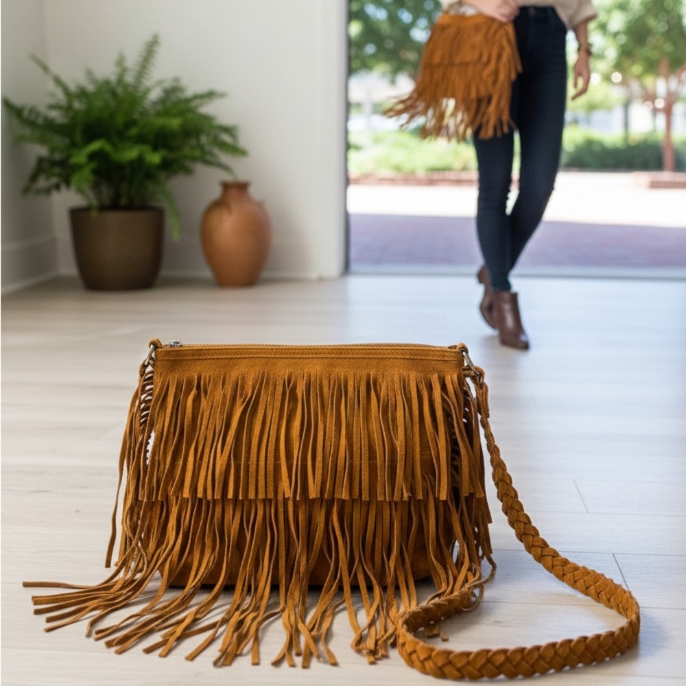 Boho Cognac Suede Fringe Crossbody Bag with Braided Strap adjustable